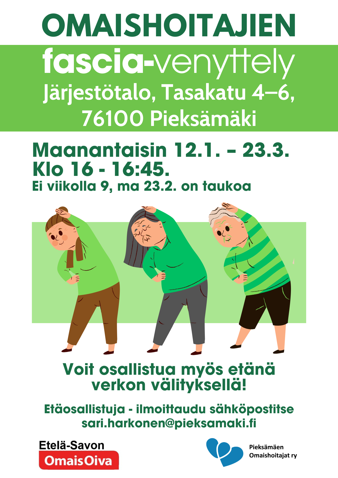 Kuvassa on tietoa pieksämäen omaishoitajat ry:n järjestämästä tapahtumasta. Kuvan tekstitiedot toistuvat myös kuvan yhteydessä tekstimuodossa.